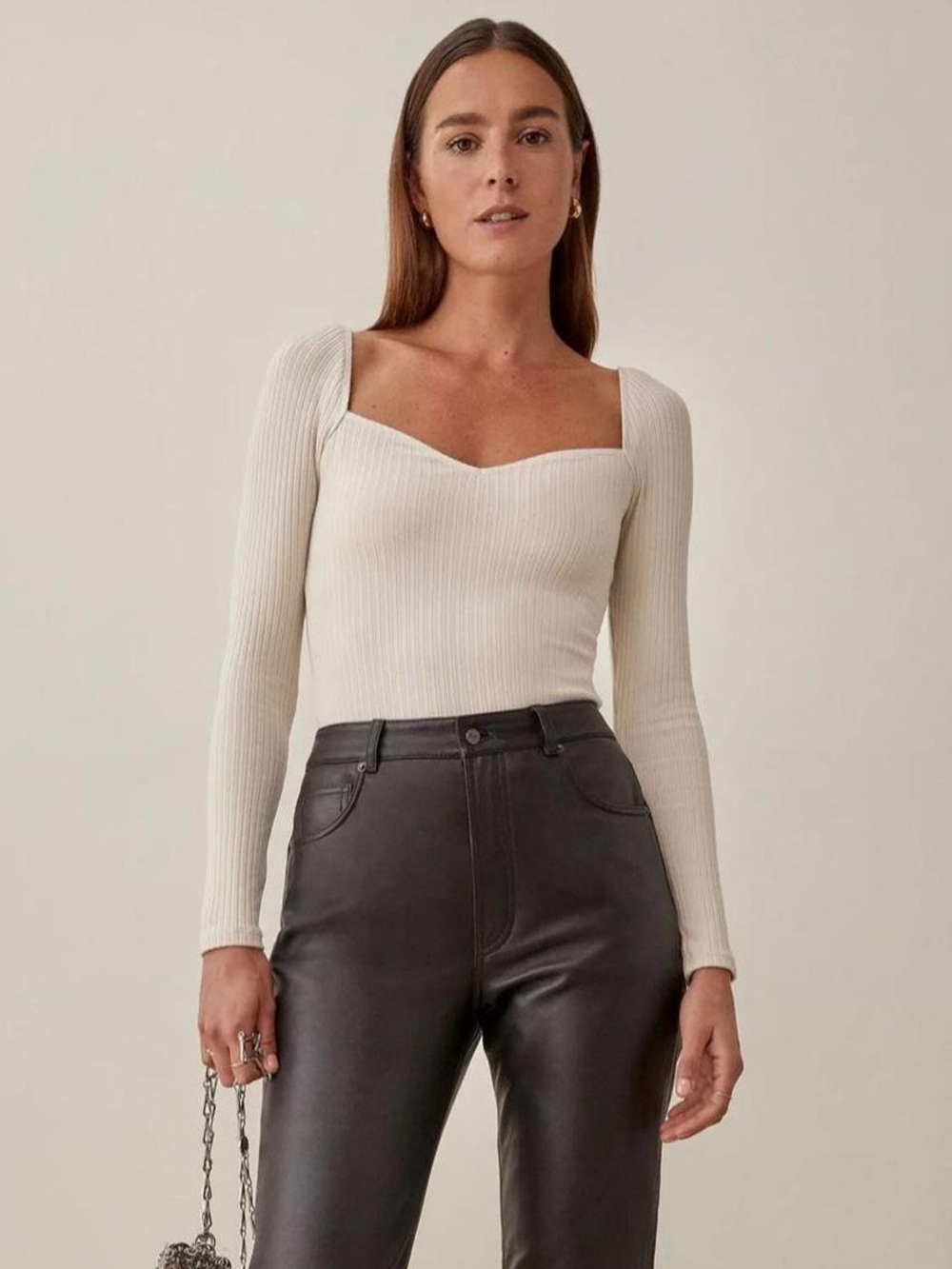 Reformation Cream Ribbed Sweetheart Long-Sleeve Top